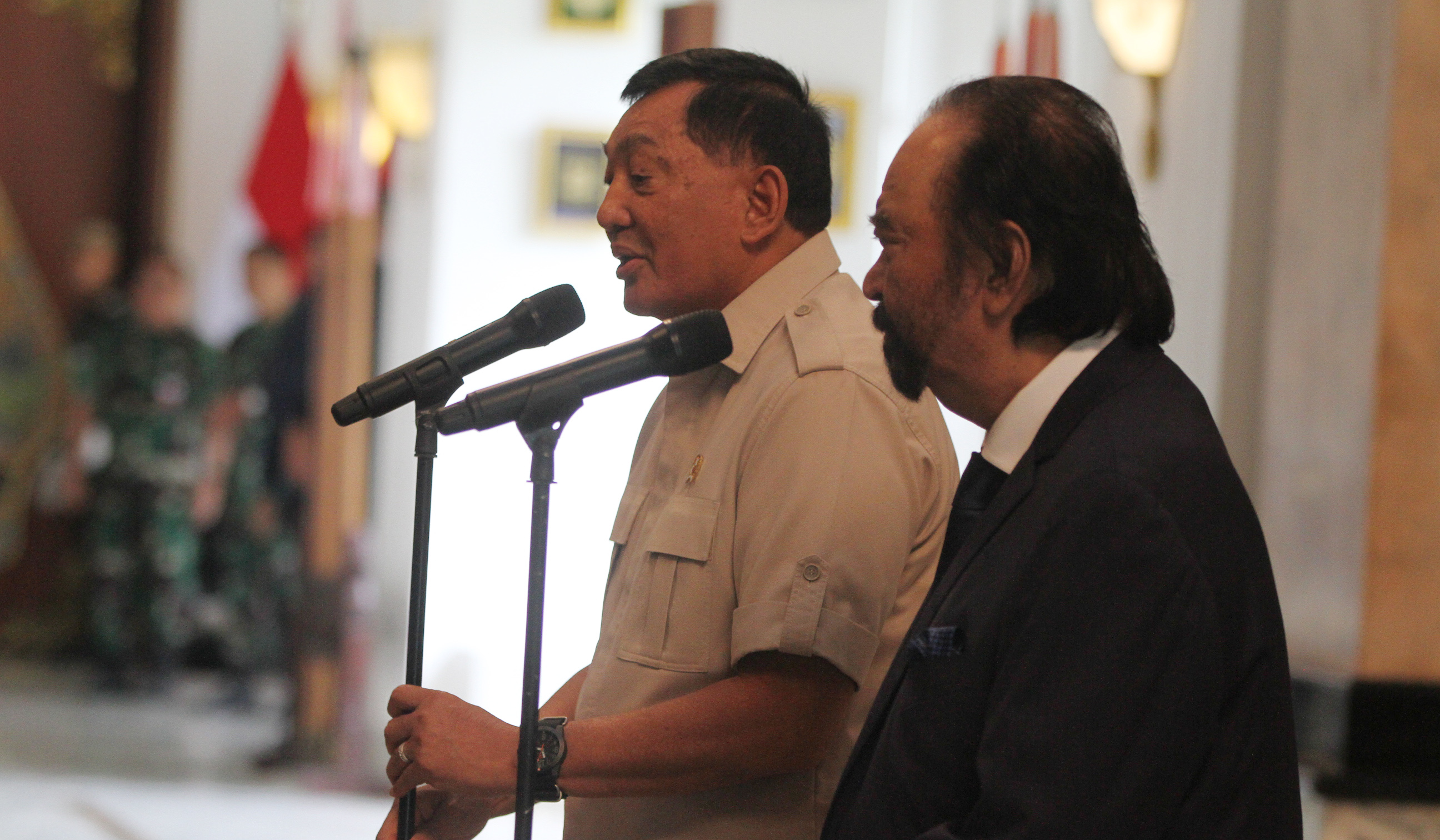 Menhan Sjafrie Sjamsoeddin, terima kunjungan Ketum Nasdem Surya Paloh. (Agus Priatna/SinPo.id)