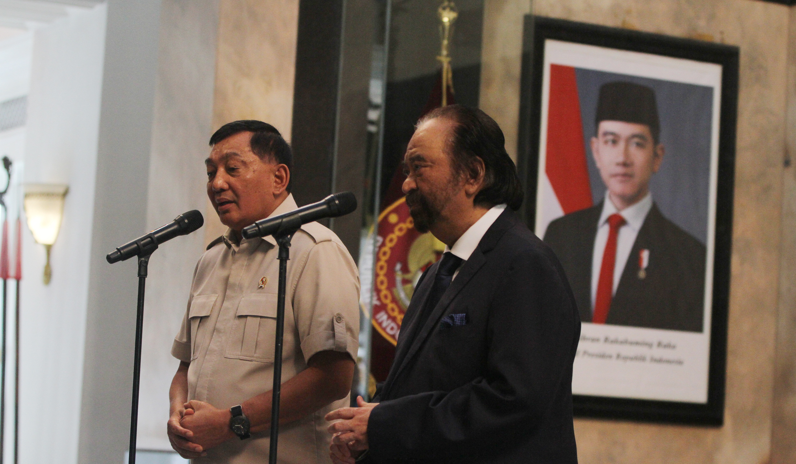 Menhan Sjafrie Sjamsoeddin, terima kunjungan Ketum Nasdem Surya Paloh. (Agus Priatna/SinPo.id)