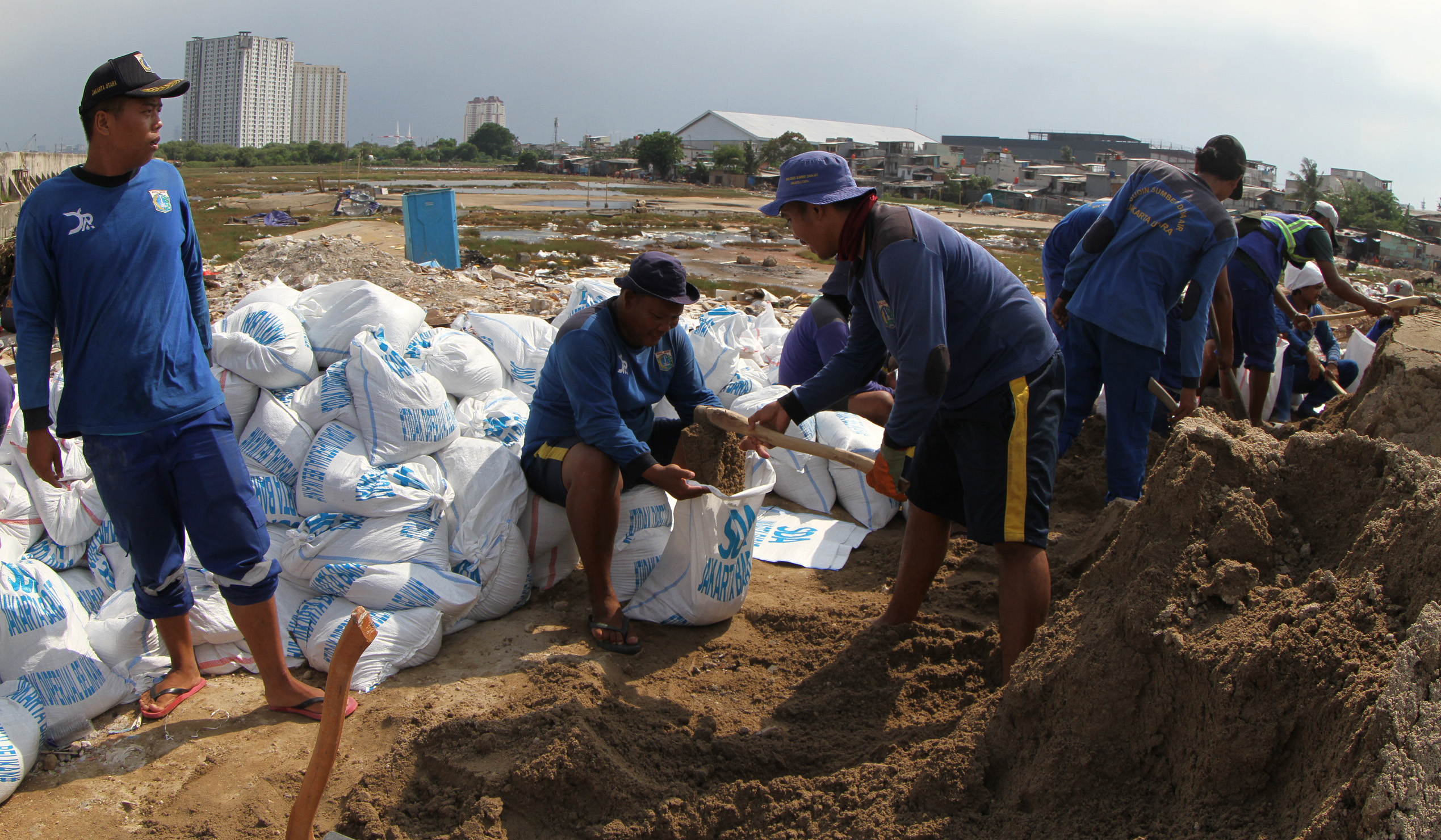 Perbaikan tanggul muara baru. (Agus Priatna/SinPo.id)