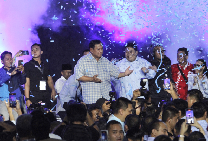 Capres Prabowo menggelar pidato politik mengawal suara rakyat Quick qount di Istora Senayan atas kemenangan sementara (Ashar/SinPo.id)