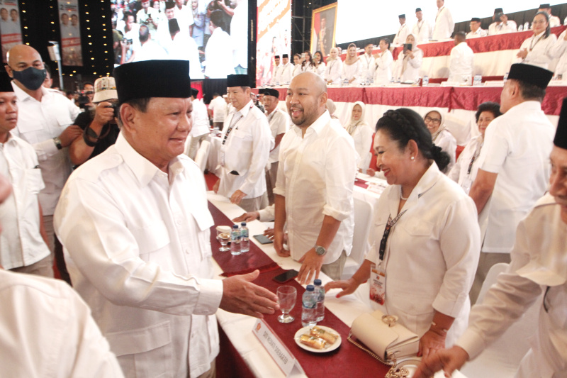 Ketua Umum Partai Gerindra menyampaikan dalam Rakornas Gerindra untuk semua kader menerusy program Presiden Jokowi (Ashar/SinPo.id)