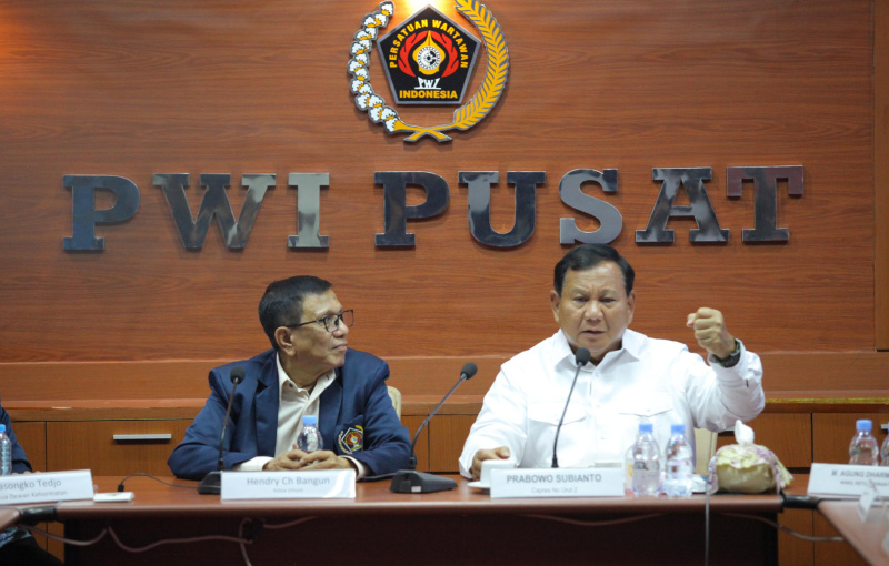 Calon Presiden nomor urut 2 Prabowo Subianto menghadiri undangan PWI Pusat untuk menyampaikan visi dan misinya yakni akan menjamin Kebebasan Pers Indonesia (Ashar/SinPo.id)