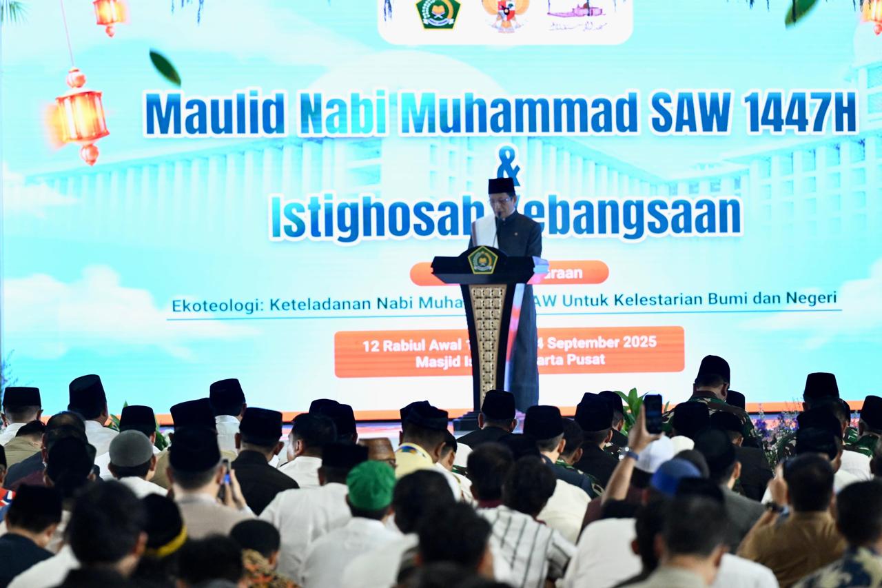 Presiden Prabowo Subianto menghadiri peringatan Maulid Nabi Muhammad 1447 H di Masjid Istiqlal (Ashar/Foto: BiroSetpres/SinPo.id)