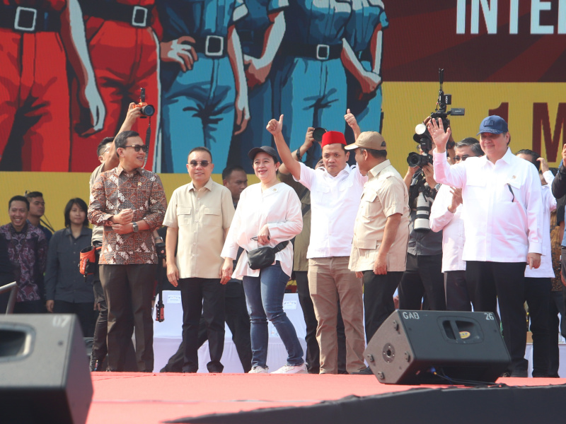 Presiden Prabowo Subianto hadiri peringatan hari buruh Internasional atau may day di monas (Ashar/SinPo.id)