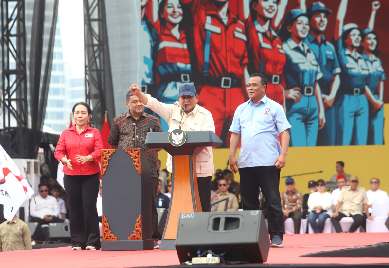 Presiden Prabowo Subianto hadiri peringatan hari buruh Internasional atau may day di monas (Ashar/SinPo.id)