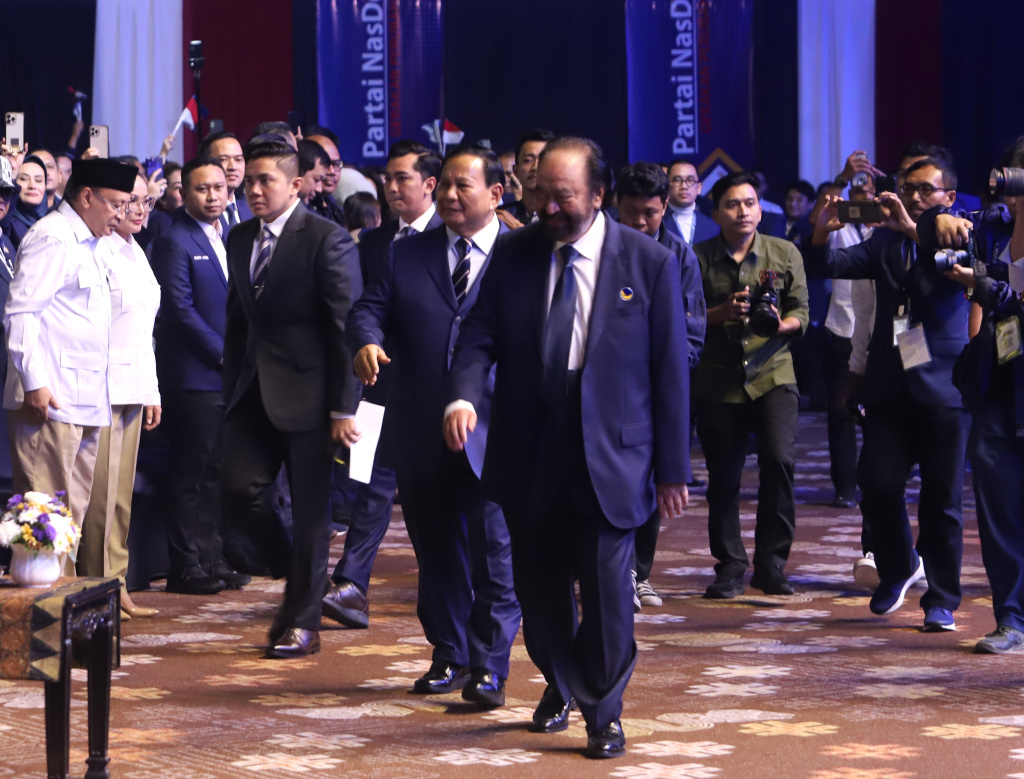 Presiden terpilih Prabowo Subianto hadiri penutupan Kongres NasDem ke III di Jakarta Convention Center (Ashar/SinPo.id)