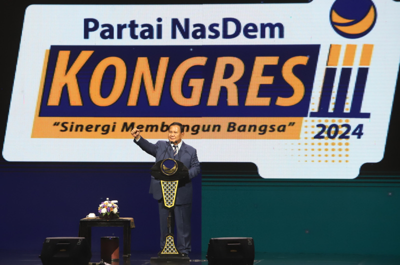 Presiden terpilih Prabowo Subianto hadiri penutupan Kongres NasDem ke III di Jakarta Convention Center (Ashar/SinPo.id)