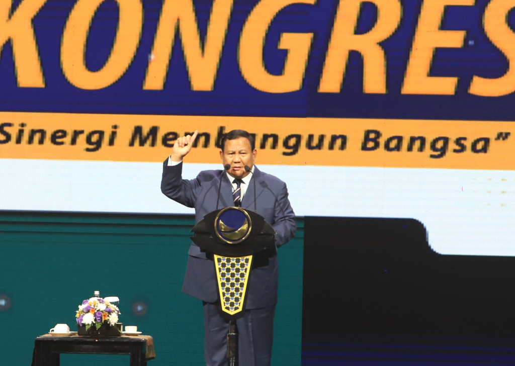 Presiden terpilih Prabowo Subianto hadiri penutupan Kongres NasDem ke III di Jakarta Convention Center (Ashar/SinPo.id)