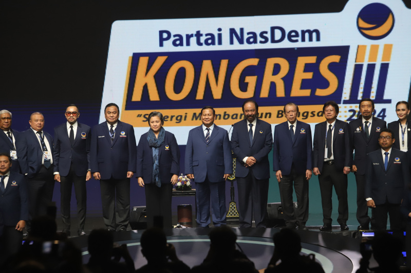 Presiden terpilih Prabowo Subianto hadiri penutupan Kongres NasDem ke III di Jakarta Convention Center (Ashar/SinPo.id)