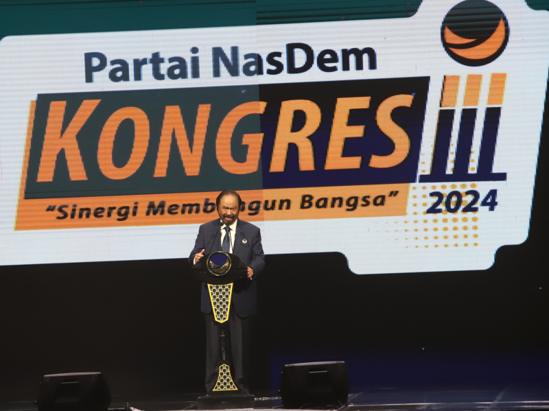 Presiden terpilih Prabowo Subianto hadiri penutupan Kongres NasDem ke III di Jakarta Convention Center (Ashar/SinPo.id)