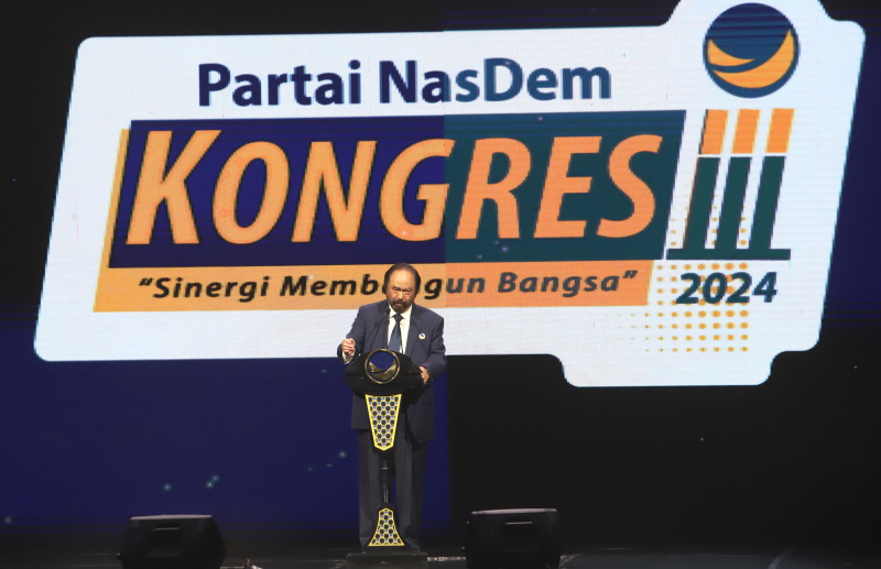 Presiden terpilih Prabowo Subianto hadiri penutupan Kongres NasDem ke III di Jakarta Convention Center (Ashar/SinPo.id)