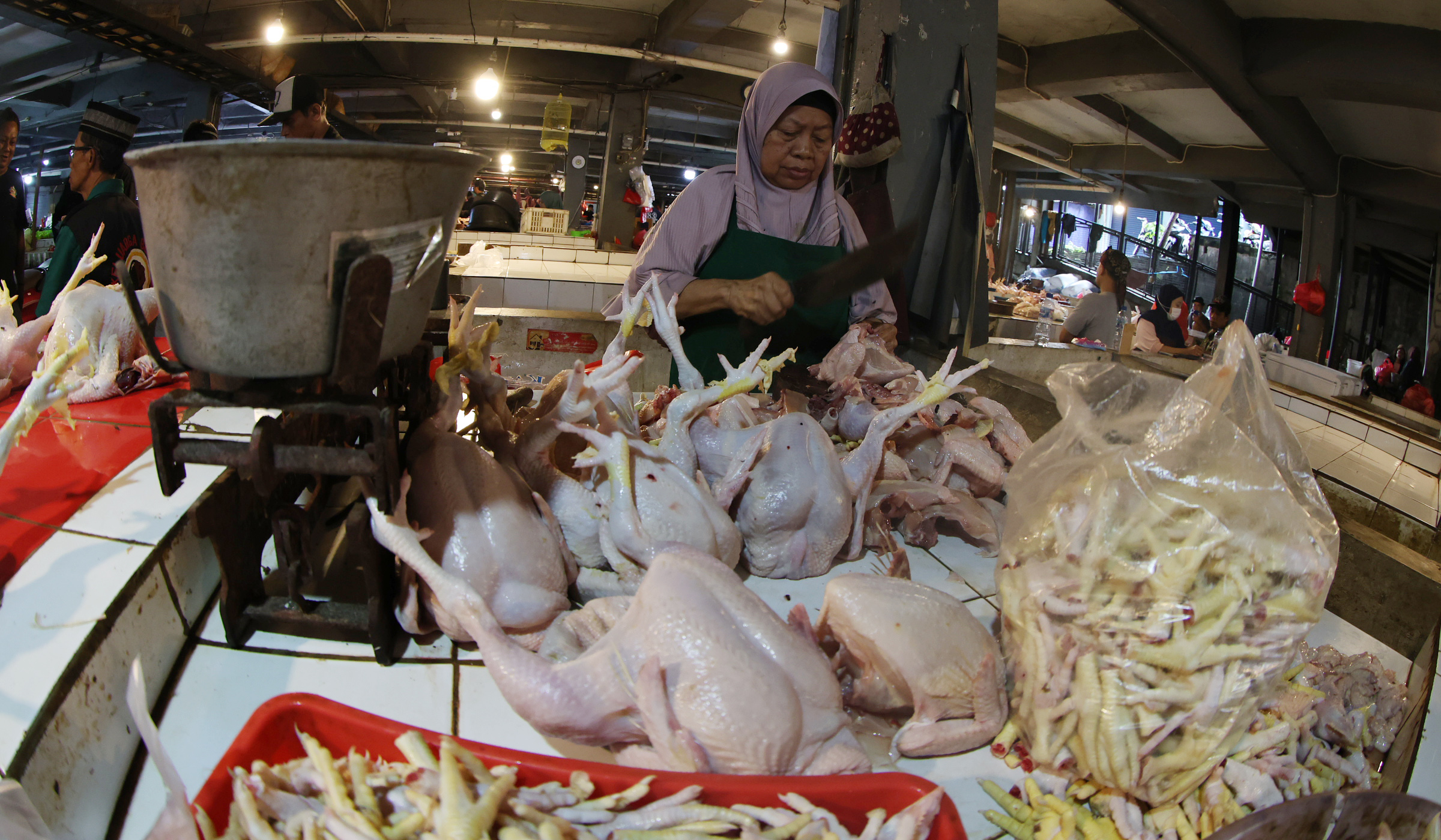 Pedagang ayam potong di Pasar Ciputat. (Agus Priatna/SinPo.id)
