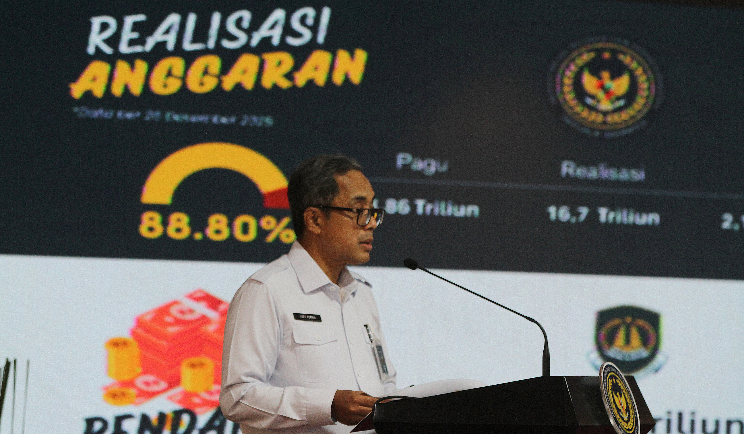 Menteri Imipas, Agus Andrianto, saat menggelar refleksi akhir tahun. (Agus Priatna/SinPo.id)